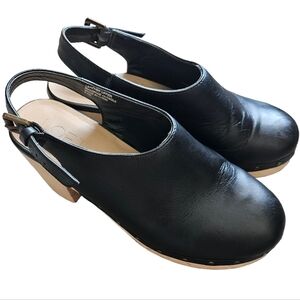 LOFT Black Leather Sling Back Wood Clogs Retro Vintage Look Womens 6.5